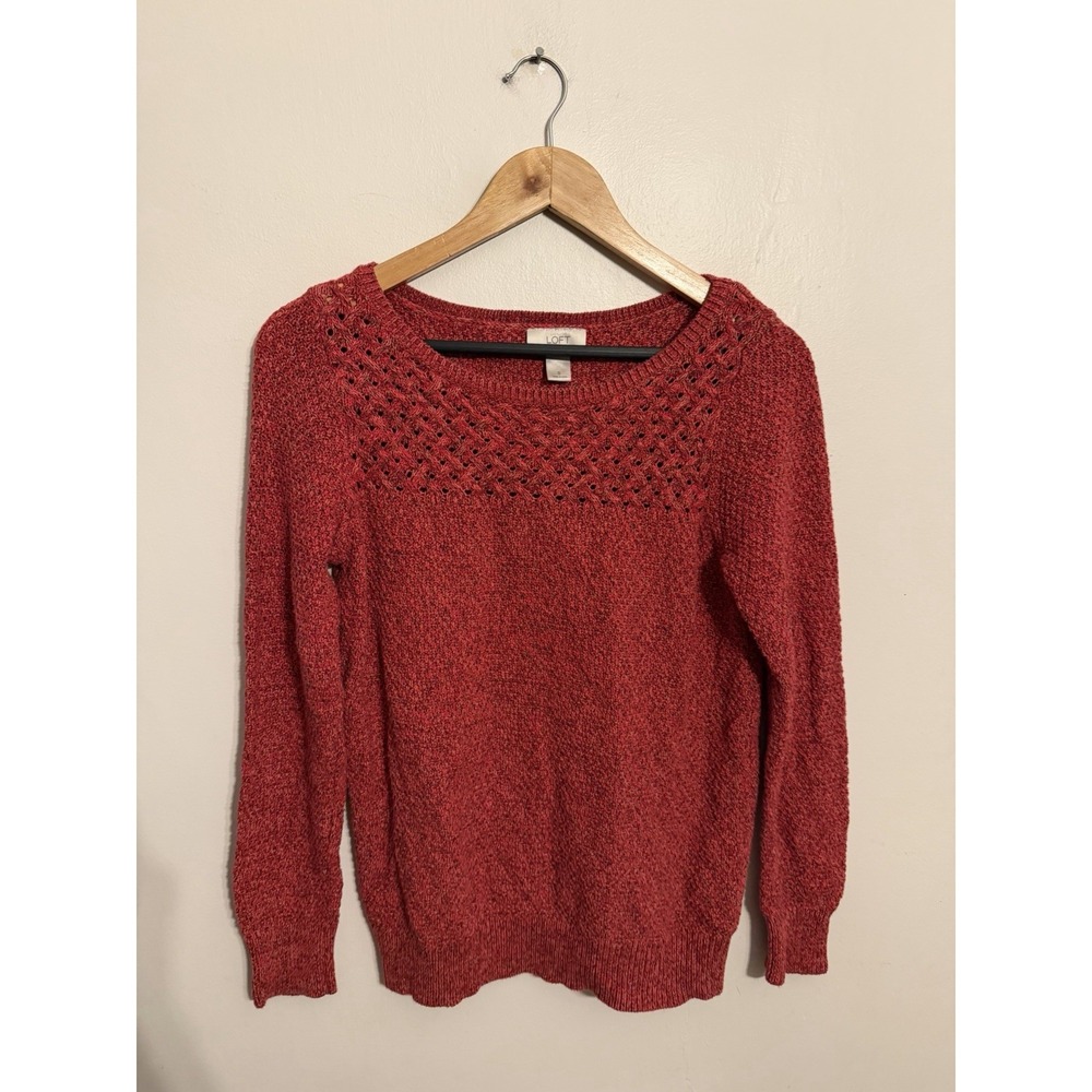 LOFT Women's Red Orange 100% Cotton Knit Sweater Bright Fall Size Small
